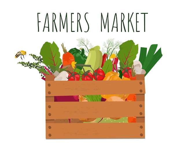 Verduras en una caja de madera. Cosecha, productos naturales locales. Publicidad del mercado de agricultores.