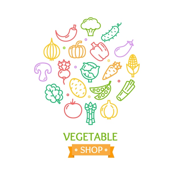 Verduras Comida Tienda Color Diseño Redondo Plantilla Contorno Icono Concepto Vector