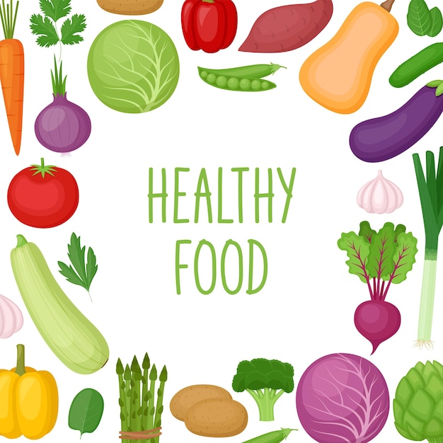 Verduras en composición cuadrada Alimentos saludables Bandera del mercado orgánico Ilustración vectorial