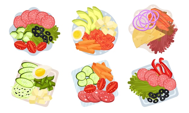 Verduras cortadas y cortadas Carne y queso servidos en el plato por encima de la vista del conjunto vectorial