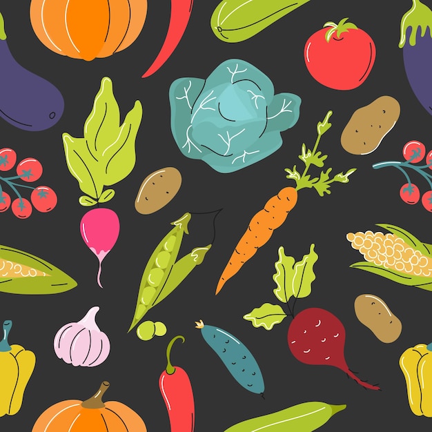 Verduras crudas repollo zanahorias tomates remolacha sobre fondo gris oscuro Patrón transparente de vector