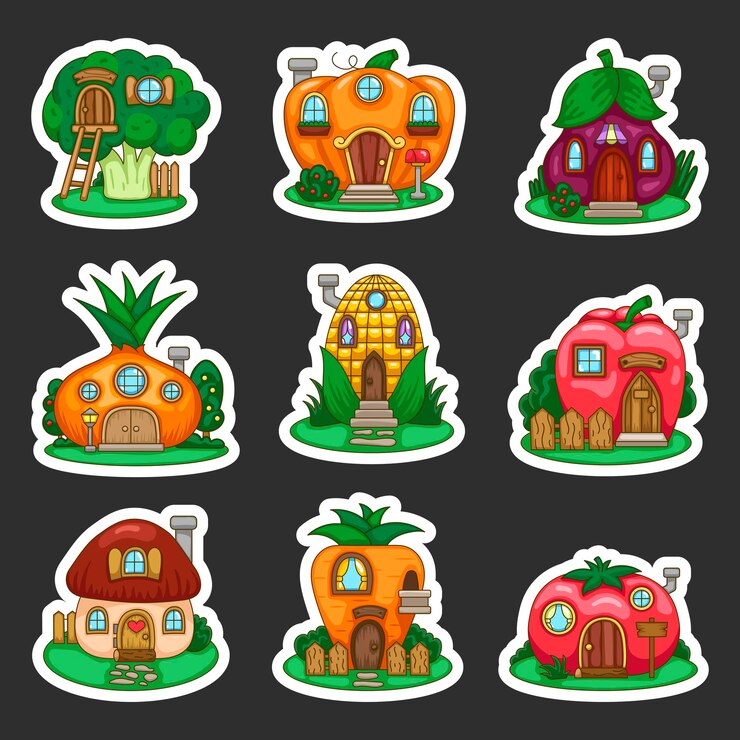 Vector verduras de cuento de hadas casa pegatina marcador de libros comida con puertas y ventanas casa de fantasía