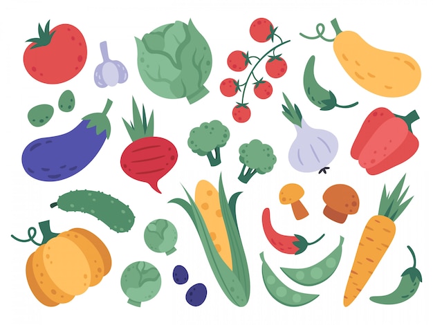 Verduras dibujadas a mano. Vegetales de granja, productos naturales de dibujos animados, alimentos frescos y dieta vegetariana de vitaminas. Doodle conjunto de ilustración de verduras orgánicas. desintoxicación saludable brócoli, zanahoria y pepino