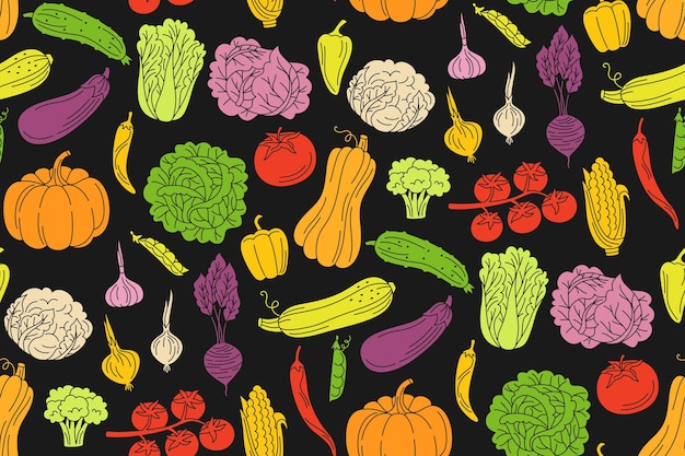 Verduras dibujado a mano de patrones sin fisuras papel pintado comida granja producto verduras sin fin ornamento decoración