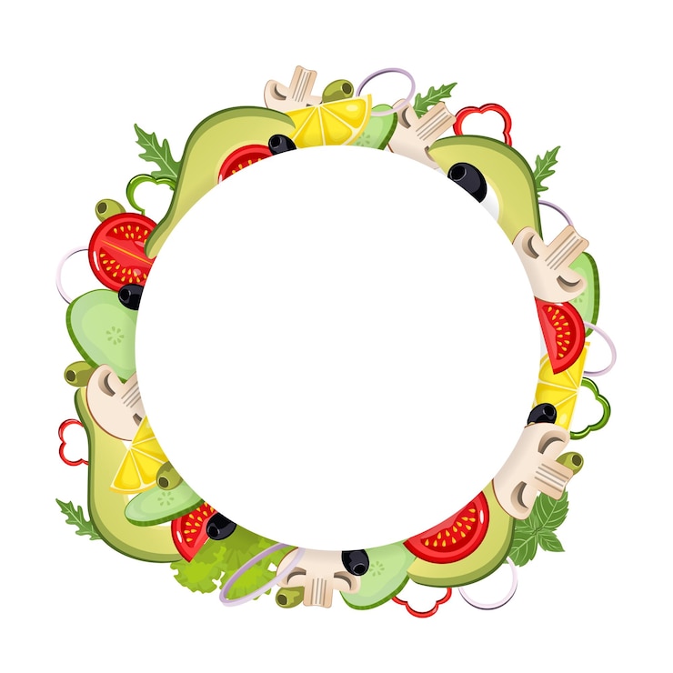 Vector verduras en un estilo de dibujos animados. ilustración vectorial plantilla redonda con espacio vacío para texto con tomate, aguacate, aceituna, champiñón, limón, pepino, pimiento, lechuga, cebolla sobre fondo blanco aislado