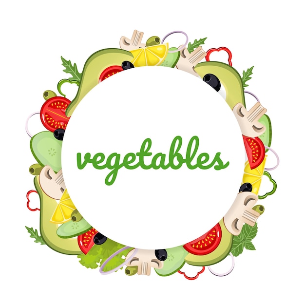 Verduras en un estilo de dibujos animados Plantilla de letras redondas Tomate, aguacate, oliva, hongo, limón