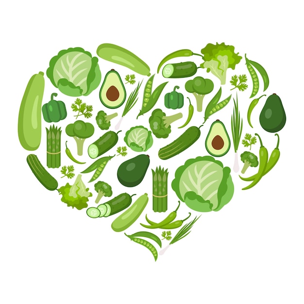 Vector verduras en forma de corazón en blanco. todas las verduras frescas y saludables incluyendo guisantes, perejil, tuétano, aguacate, pepino, lechuga, cebolla, brócoli, pimiento, chile, coliflor, espárragos, repollo.