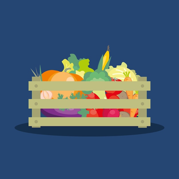 Verduras frescas en una caja de madera ilustración vectorial