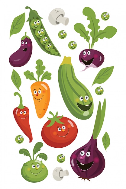 Vector verduras frescas guindilla, pepino, zanahoria, ajo, berenjenas y cebolla, calabacín, rábano y tomate. cartel de verduras.