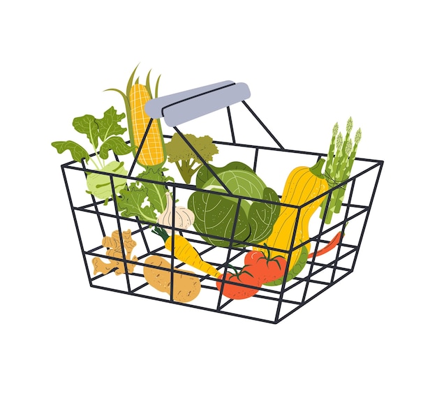 Verduras frescas y orgánicas en la canasta de compras Mercancías de la tienda en línea Concepto de alimentos saludables