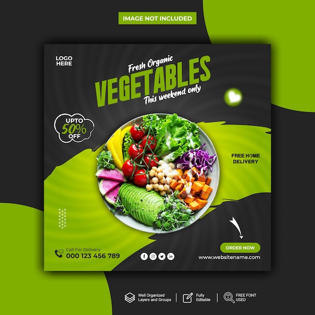 Vector verduras frescas y orgánicas y plantilla de vector de publicación de redes sociales