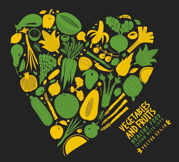 Verduras y frutas dispuestas en forma de corazón.