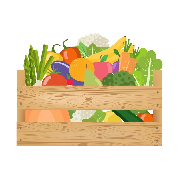 Verduras y frutas frescas y saludables en una caja de madera.