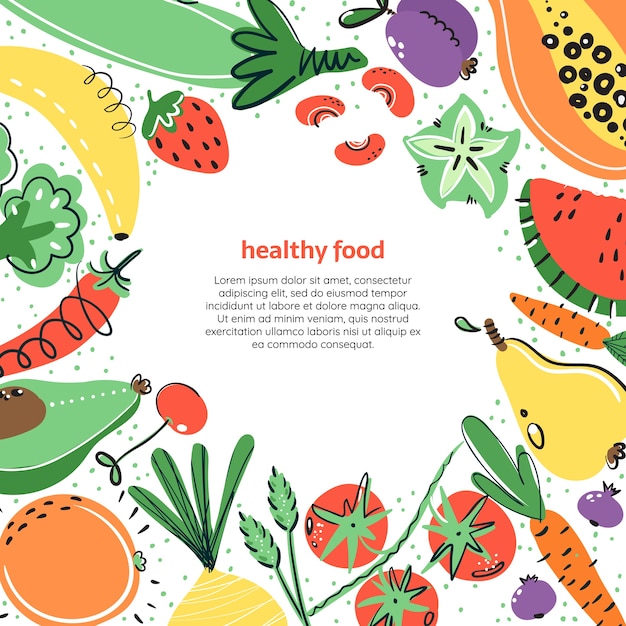 Verduras y frutas illustratoin dibujado a mano. Comida sana, dieta, nutrición.