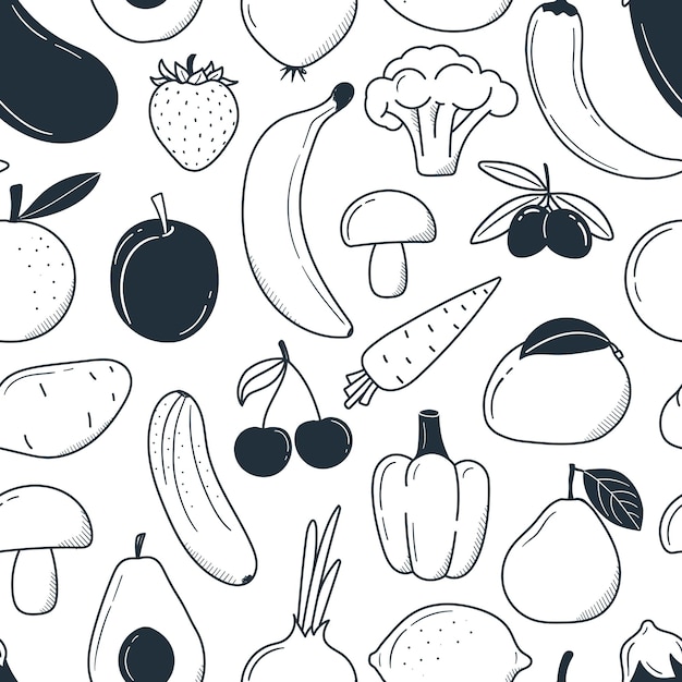 Verduras de frutas de patrones sin fisuras en patrón monocromo de estilo doodle