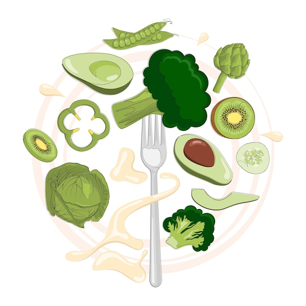 Vector verduras y frutas verdes frescas y tenedor con brócoli ilustración vectorial alimentos saludables