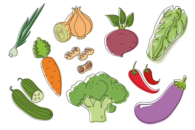 Verduras garabato dibujo conjunto colección vegetal como zanahoria jengibre pepino repollo, etc. ilustraciones de garabatos vectoriales dibujados a mano en estilo de dibujos animados coloridos eps