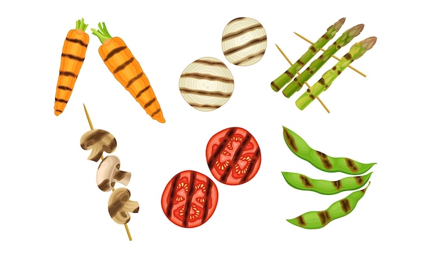 Verduras y hongos asados aislados en un conjunto vectorial de fondo blanco