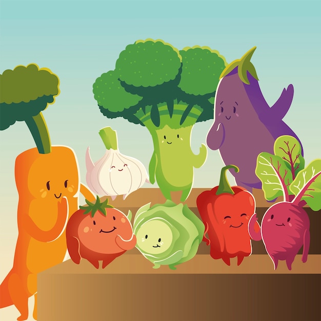 Verduras kawaii dibujos animados lindo zanahoria tomate berenjena remolacha cebolla y remolacha ilustración vectorial