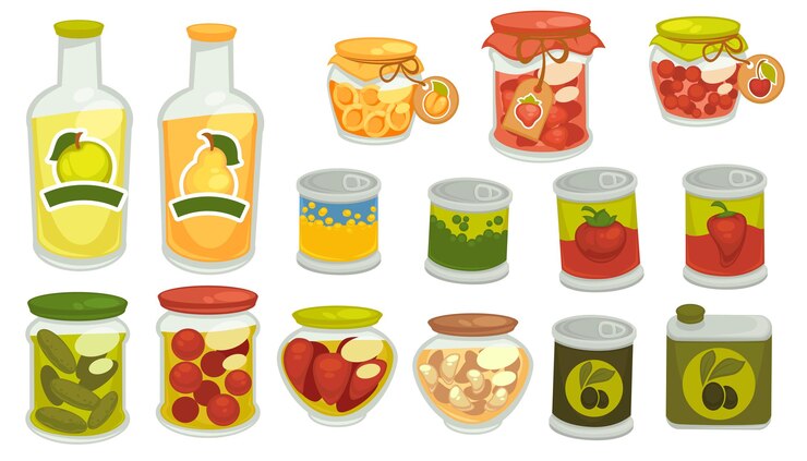 Vector verduras marinadas, verduras en escabeche en latas, tomates y pepinos, ajo y aceitunas, pimiento y melocotón o albaricoque. jugo de manzanas y peras, dieta y nutrición. vector en estilo plano