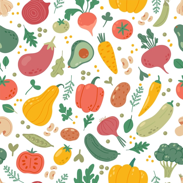 Verduras naturales de patrones sin fisuras Fondo vegetal orgánico Productos de jardín veganos y saludables Ensalada de brócoli fresco de tomate orgánico Textura vectorial