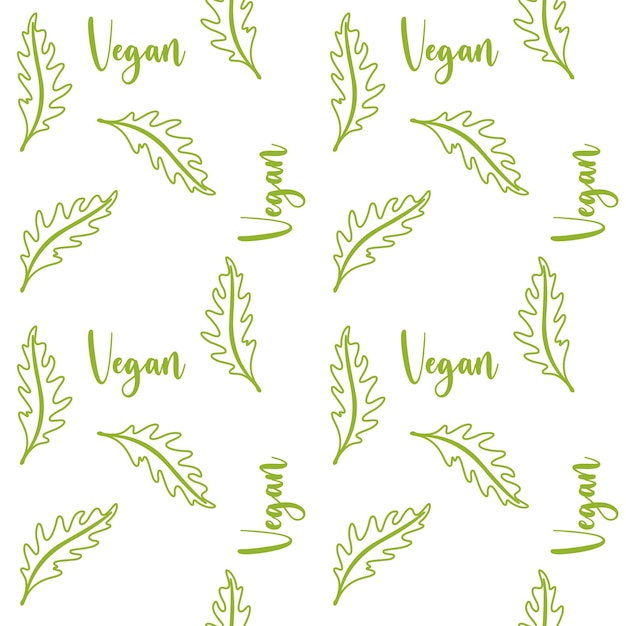 Vector verduras con patrón vegano, rúcula verde y letras veganas para el embalaje sobre fondos blancos