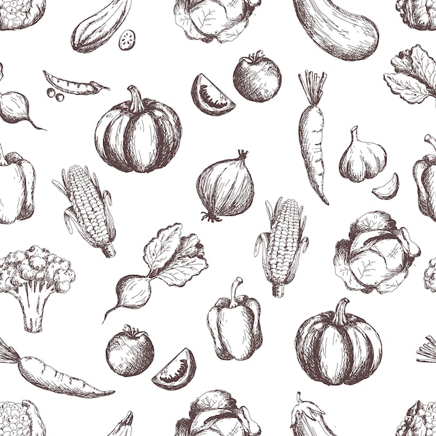 Verduras de patrones sin fisuras hortalizas vintage bosquejado a mano ilustración de arte de línea