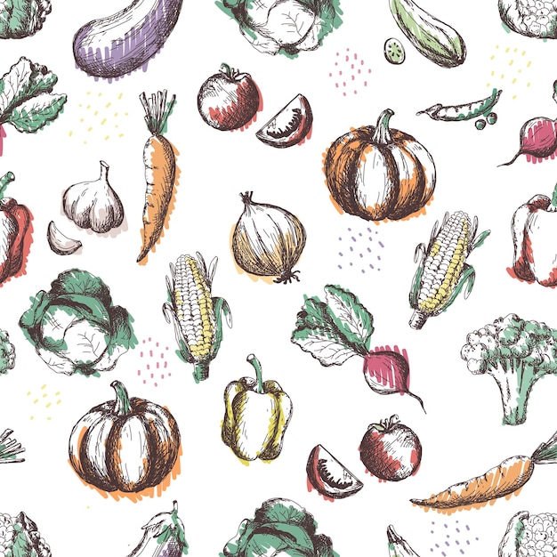 Verduras de patrones sin fisuras Mano dibujar verduras vintage Alimentos saludables Patrón sin fisuras Boceto comida vegetariana saludable Cosecha