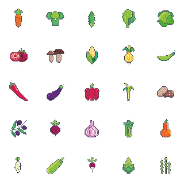 Vector verduras pixel art set icono.