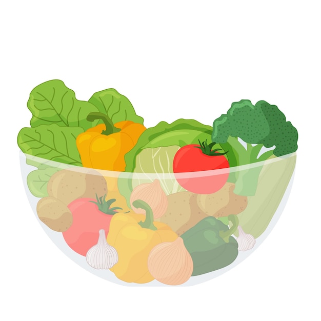 Verduras en un recipiente transparente Ilustración de vector de dibujos animados sobre un fondo blanco