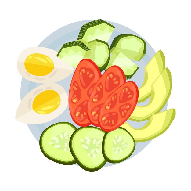 Verduras en rodajas en una ilustración vectorial de un plato redondo