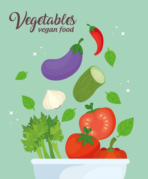 Vector verduras en un tazón, concepto de comida sana, diseño de ilustraciones vectoriales