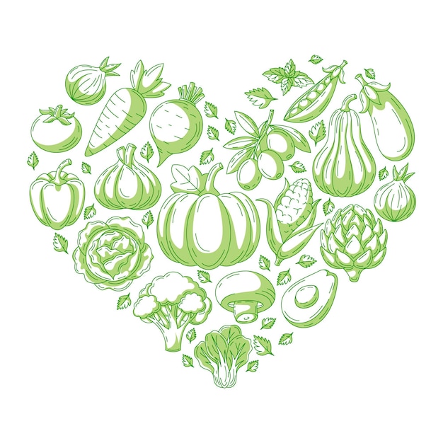 Las verduras y verduras frescas de la granja forman una forma de corazón Veggies iconos de línea vectorial aislados blancos