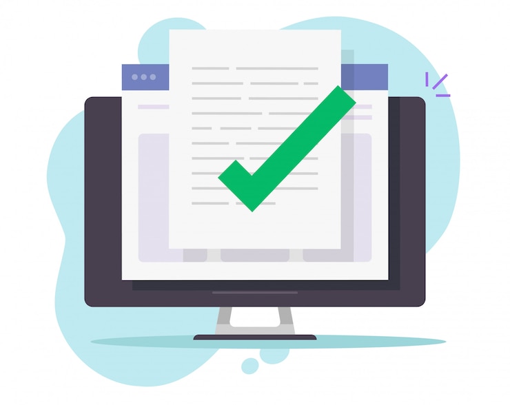 Vector verificación del archivo del documento confirmado aprobado en línea en la computadora de escritorio
