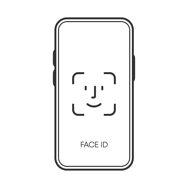 Verificación de identificación facial en el icono negro del teléfono izolated sobre fondo blanco. Ilustración vectorial.