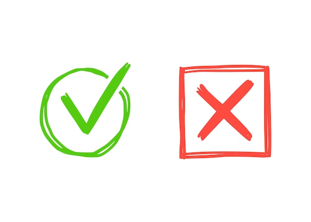 Verificación verde y marca de cruz roja. Dibujado a mano estilo de dibujo de doodle. Vote, sí, ningún concepto dibujado. Casilla de verificación, marca de cruz con cuadrado, elemento de círculo. Ilustración vectorial.