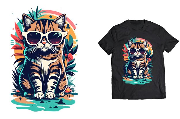 Vector versión coloreada retrato de gato con gafas de sol tonos ilustración de arte vectorial diseño de camiseta