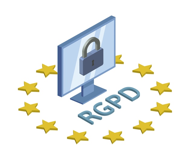Versión RGPD, español, francés e italiano del RGPD. Reglamento general de protección de datos. Ilustración isométrica del concepto. La protección de datos personales. Aislado sobre fondo blanco.