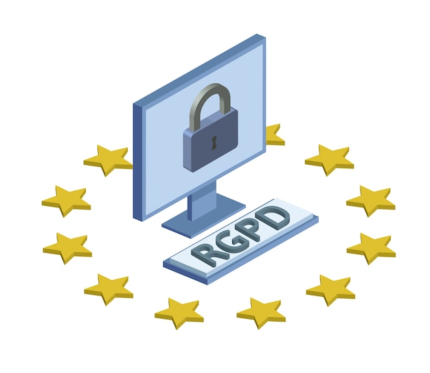 Versión RGPD, español, francés e italiano del RGPD. Reglamento general de protección de datos. Ilustración isométrica del concepto. La protección de datos personales. Aislado sobre fondo blanco.