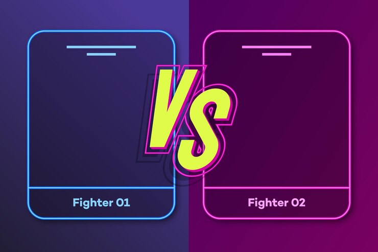 Vector versus bandera con marco para dos luchadores y vs signo estilo neón moderno en el fondo para el deporte competición concurso partido juego anuncio de dos luchadors batalla vs concepto 10 eps