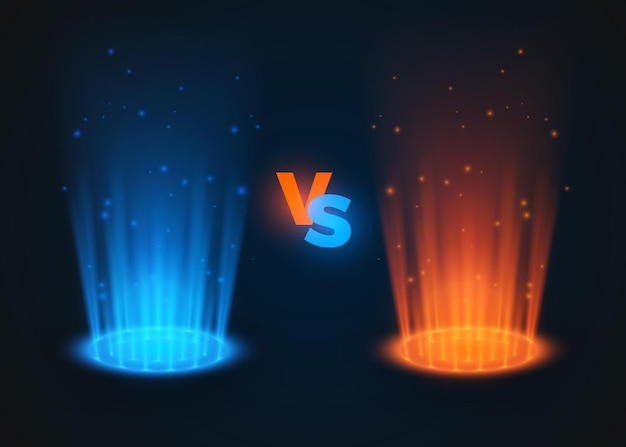 Versus colores rojos y azules de foco brillante VS escena de batalla con rayos y chispas Ilustración de vector de holograma abstracto