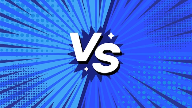 Versus fondo cómico de batalla en azul con puntos de medio tono y líneas radiales Dinámico VS letras en blanco Ideal para competiciones de juegos o gráficos de comparación en estilo pop art