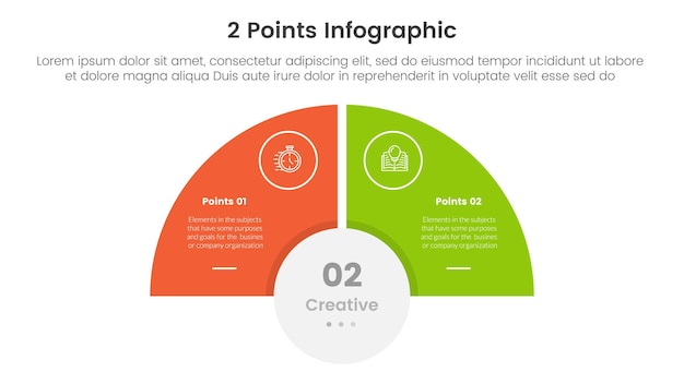 versus o comparar y concepto de comparación para la plantilla infográfica banner con medio círculo balance de rodaja opuesto con información de lista de dos puntos