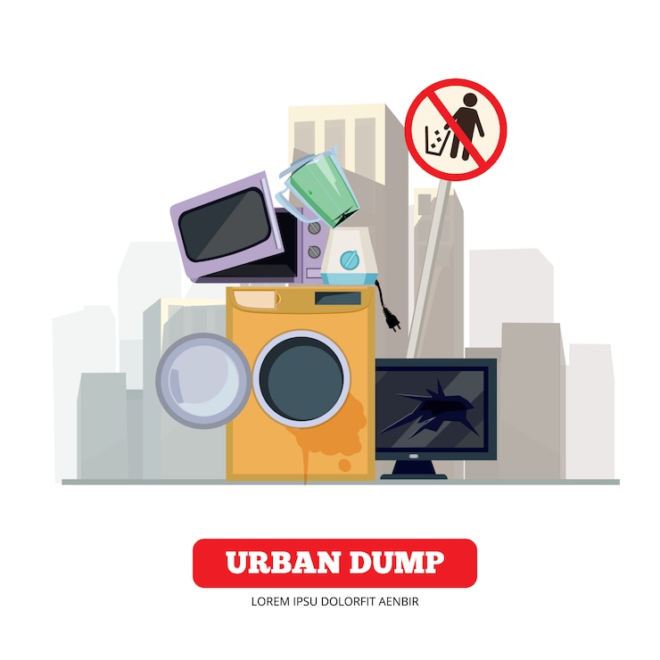 Vector el vertadero de la ciudad. concepto de vector de proceso de reciclaje de equipos electrónicos domésticos de cocina y hogar roto