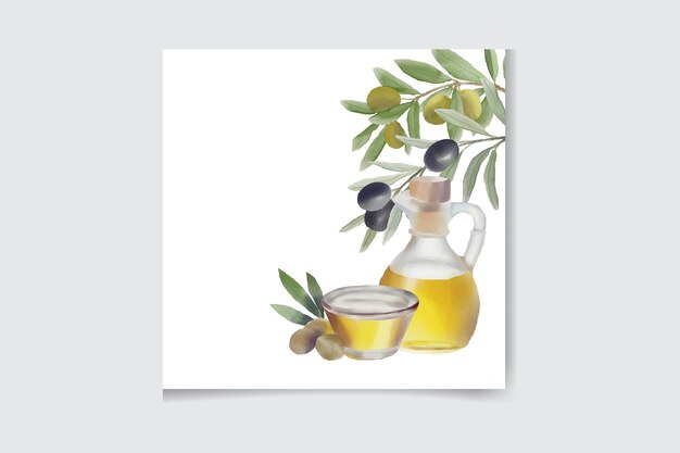 Vertedor de aceite de oliva con rama de acuarela de cartel de fondo decorativo de aceitunas verdes