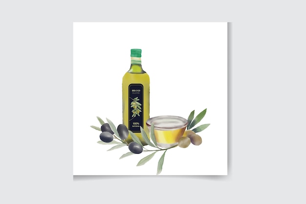 Vector vertedor de aceite de oliva con rama de acuarela de cartel de fondo decorativo de aceitunas verdes