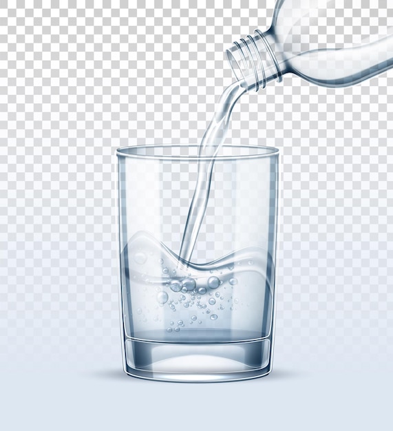 Vector verter agua en un vaso de vidrio realista de una botella de plástico
