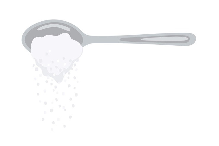 Vector verter una cuchara de azúcar llena de cristales en polvo de sal o ilustración vectorial de azúcar. vista lateral de la cucharadita