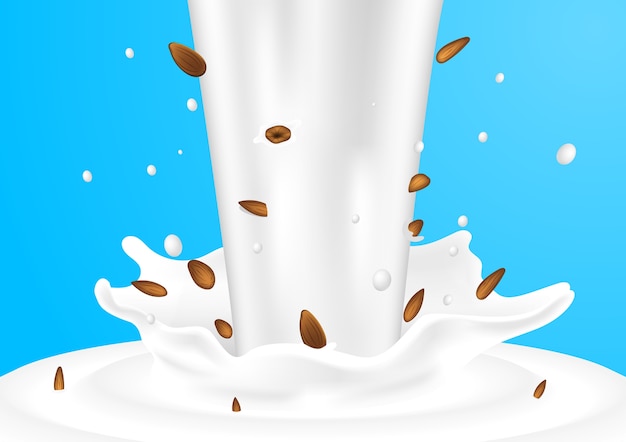 Vector verter la leche con almendras sobre fondo azul