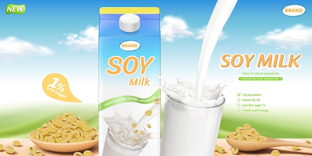 Vector verter la leche de soja en un vaso con cartón de leche y frijoles de soja en la mesa de madera